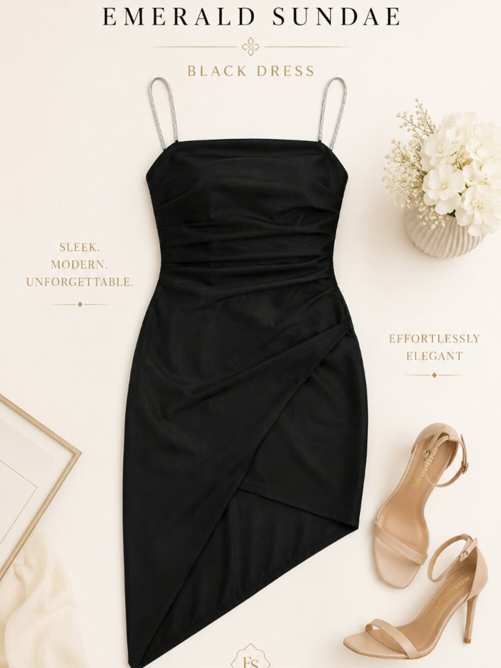 Emerald Sundae Rhinestone-Strap Asymmetrical Dress – Black – Size XS NWT